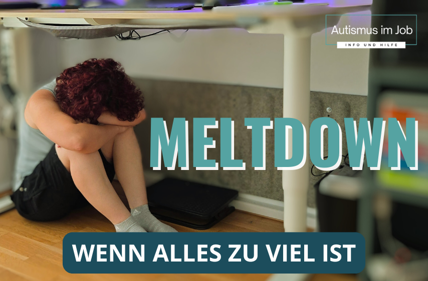 Paulina Hornbachner sitzt unter dem Schreibtisch und legt ihren Kopf auf den knien ab. Die Atmosphäre des Bildes ist düster und der Text sagt "Meltdown - wenn alles zu viel ist".