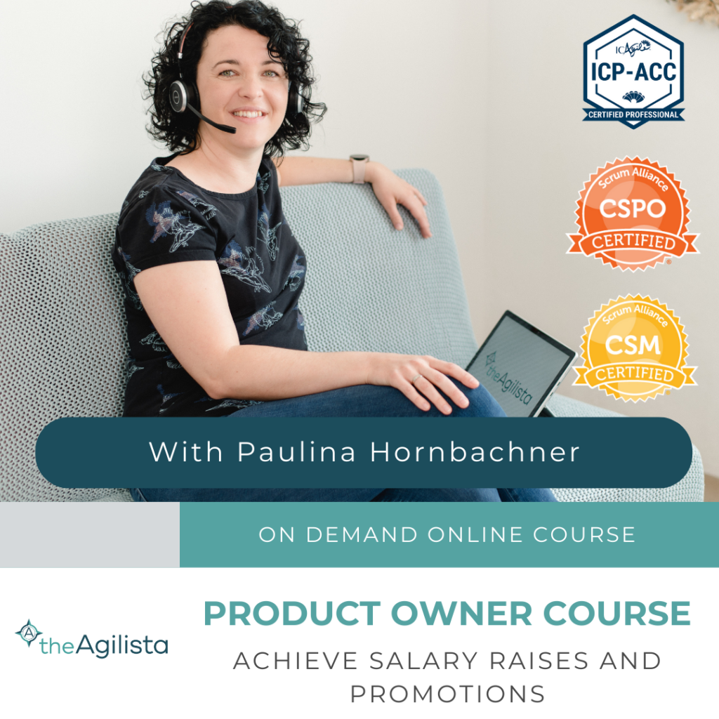 Paulina Hornbachner sitzt auf der Couch und telefoniert. Der Text sagt: On Demand Online Course - Product Owner Course; Achieve salary raises and promotions