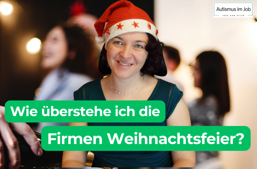 Paulina Hornbachner sitzt mit Weihnachtsmütze vor einer Szene aus einer Firmen Party. Die Schrift ist satt grün hinterlegt und sagt "Wie überstehe ich die Firmen Weihnachtsfeier?"